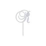 Elegant cake topper featuring an R monogram in a swirl script design. Made from laser-cut aluminum with a natural finish. Dimensions are 6.5 inches wide and 11.0 inches high.